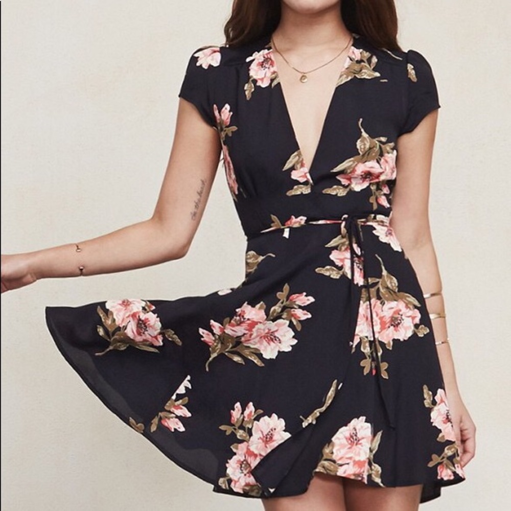 The Reformation black floral wrap dress M